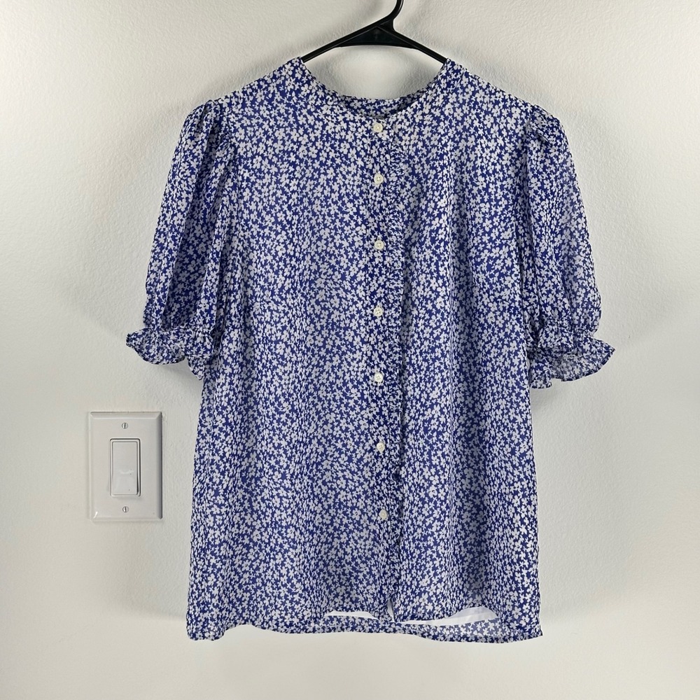 J.Crew Factory Women's Soft Gauze Floral Puff Sleeve Top Blue S Romantic Preppy